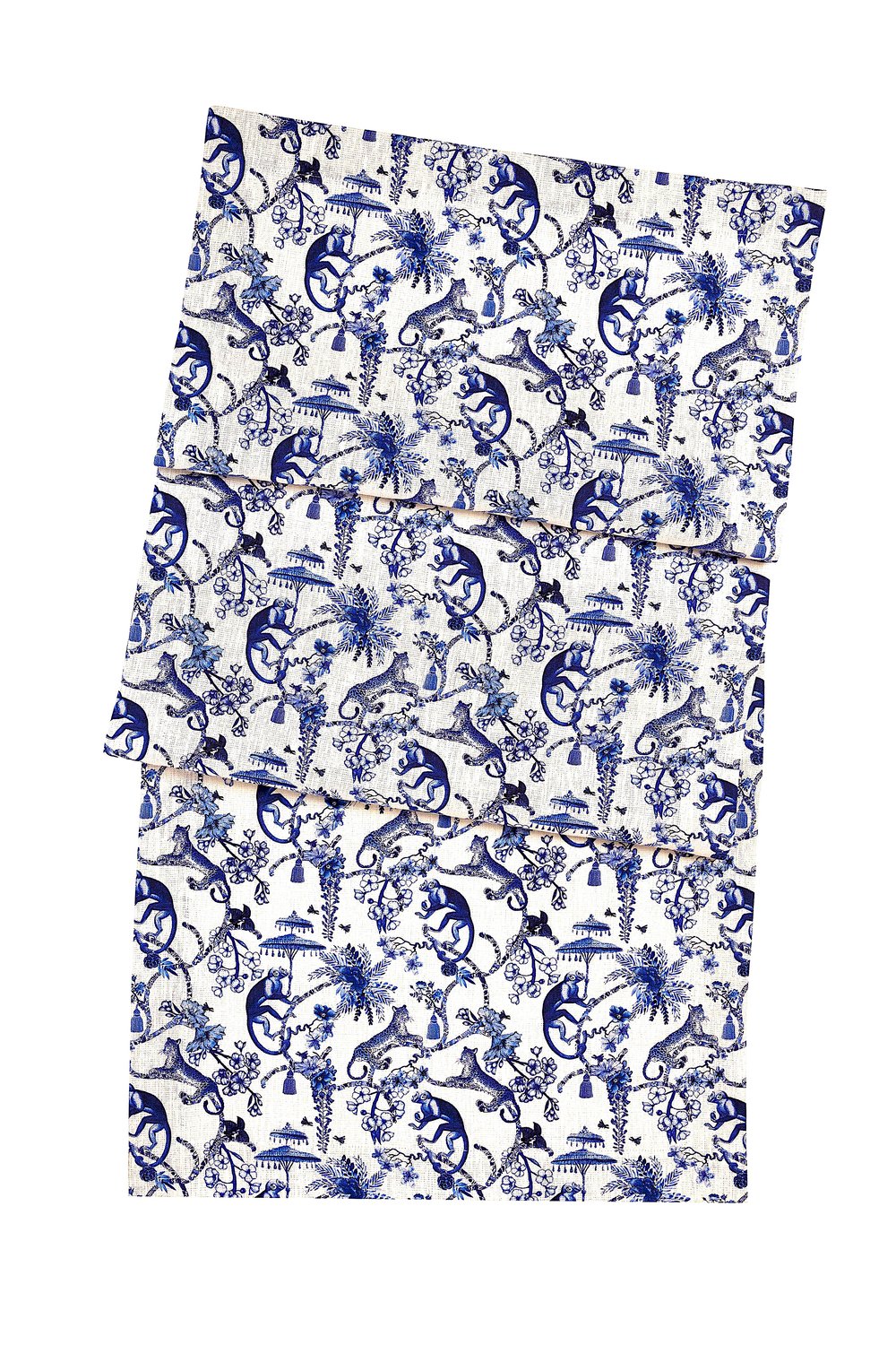 Image of Runner in lino Blu Chinoiserie - Blue Chinoiserie linen table runner