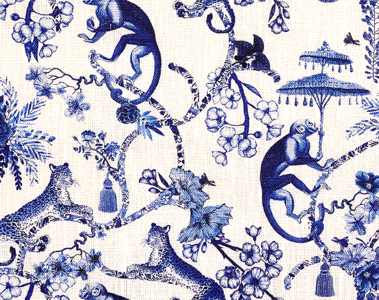 Image of Runner in lino Blu Chinoiserie - Blue Chinoiserie linen table runner