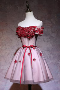 Image 1 of Lovely Knee Length Off Shoulder Tulle Party Dress, Pink Homecoming Dress