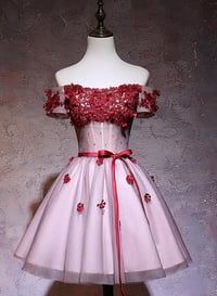 Image 2 of Lovely Knee Length Off Shoulder Tulle Party Dress, Pink Homecoming Dress