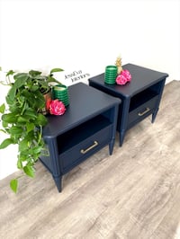 Image 4 of Vintage Stag Chateau Bedside Tables / Bedside Cabinets painted in navy blue.