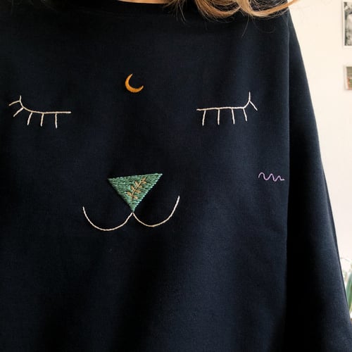 Image of Cat Face - hand embroidered organic cotton sweatshirt, available in ALL sizes
