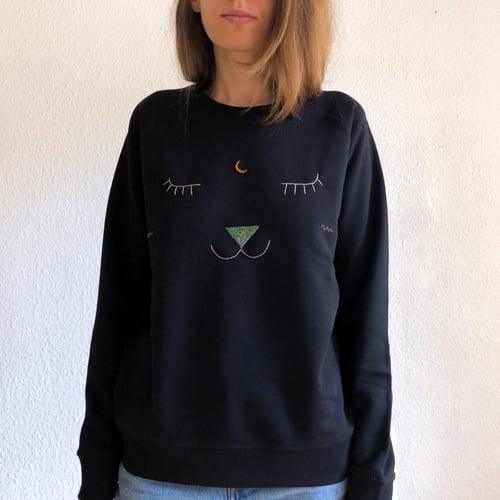 Image of Cat Face - hand embroidered organic cotton sweatshirt, available in ALL sizes