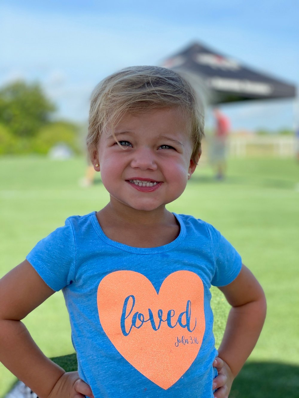 Image of LOVED - John 3:16 - Light Blue Girls High-Low Tee with Peach Glitter