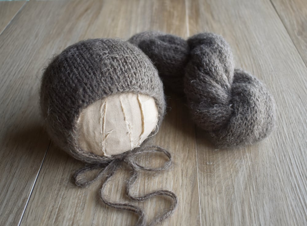 Image of Taupe Fuzzy Knit Bonnet and Wrap