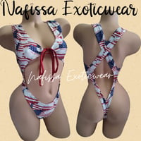 Image 5 of Backless Crystal Bodysuit Red White and Blue 