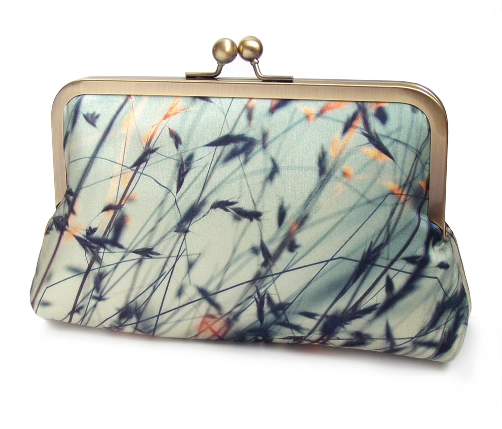 Image of Stipa grasses, printed silk clutch bag + chain handle