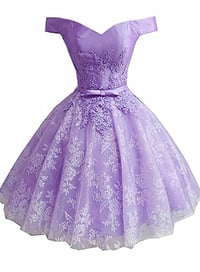Image 1 of Light Purple Short Lace Homecoming Dress, Off Shoulder Prom Dress