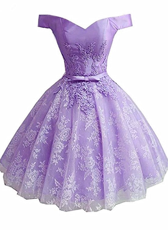 Light Purple Short Lace Homecoming Dress, Off Shoulder Prom Dress | BeMyBridesmaid Light Purple Short Lace Homecoming Dress, Off Shoulder Prom Dress | BeMyBridesmaid