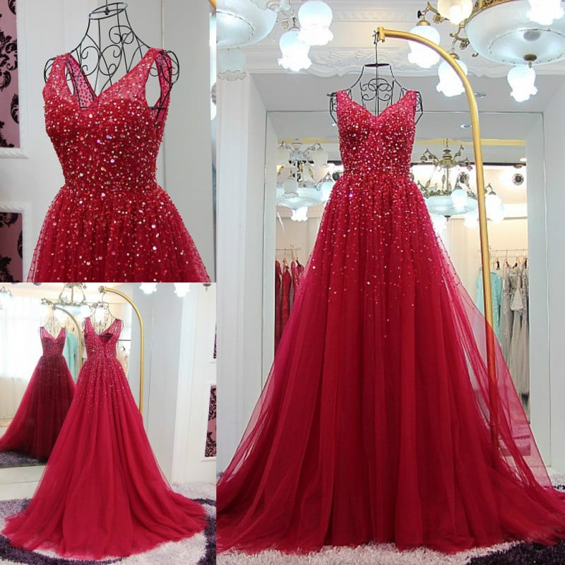 Wine Red Sequins V-neckline Long Party Dress, Dark Red Tulle Sparkle Prom Dress