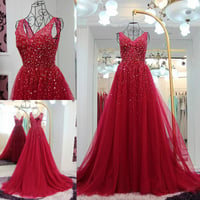 Image 2 of Wine Red Sequins V-neckline Long Party Dress, Dark Red Tulle Sparkle Prom Dress