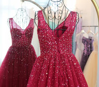 Image 3 of Wine Red Sequins V-neckline Long Party Dress, Dark Red Tulle Sparkle Prom Dress