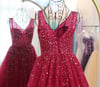 Wine Red Sequins V-neckline Long Party Dress, Dark Red Tulle Sparkle Prom Dress
