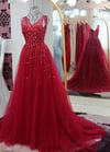 Wine Red Sequins V-neckline Long Party Dress, Dark Red Tulle Sparkle Prom Dress