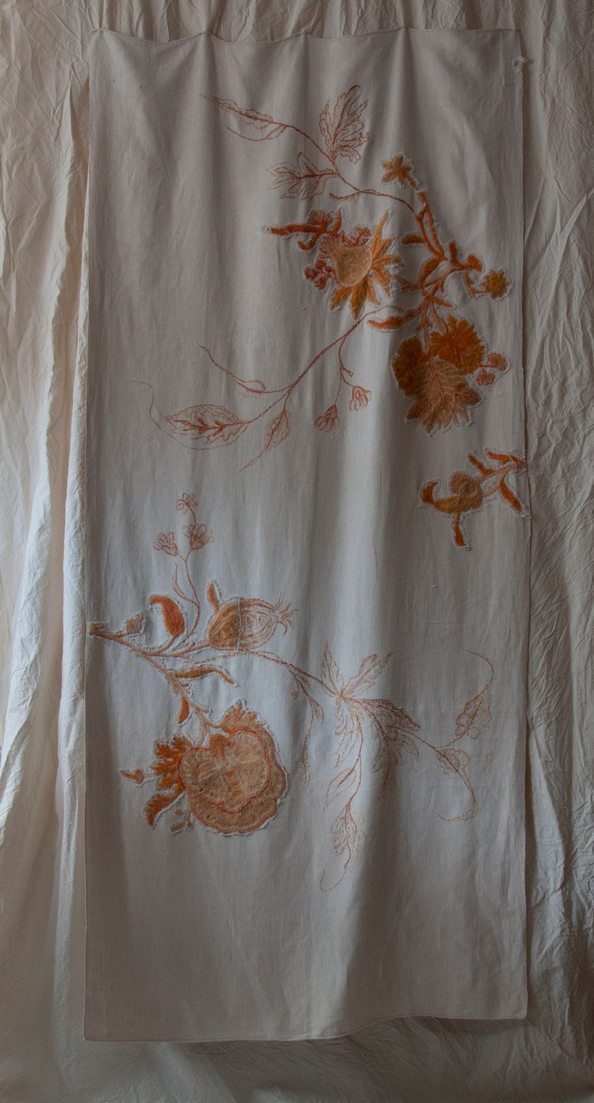 Vintage Crewel Embroidery Linen Tablecloth