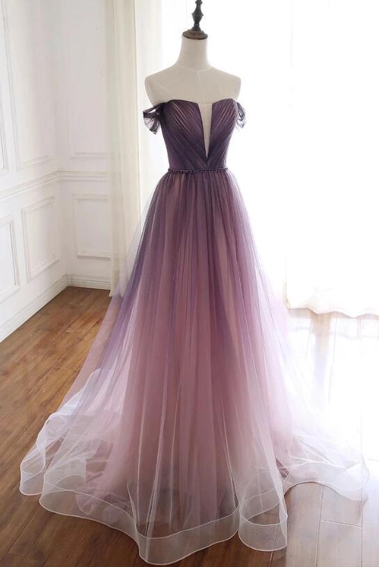 Beautiful Off Shoulder Tulle Graident Long Party Dress, Long Evening Gown
