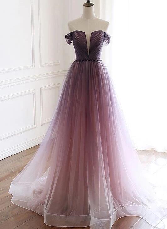 Beautiful Off Shoulder Tulle Graident Long Party Dress, Long Evening Gown