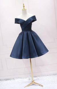 Image 1 of Beautiful Navy Blue Satin Off Shoulder Bridesmaid Dress, Short Party Dress