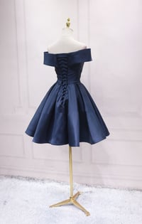 Image 2 of Beautiful Navy Blue Satin Off Shoulder Bridesmaid Dress, Short Party Dress