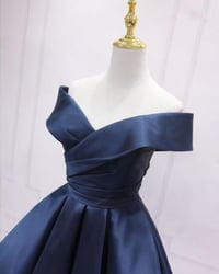 Image 3 of Beautiful Navy Blue Satin Off Shoulder Bridesmaid Dress, Short Party Dress