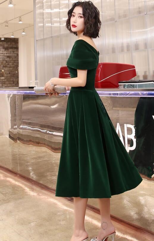 Green Velvet Tea Length Bridesmaid Dress, Off Shoulder Party Dress