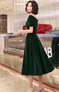 Image 3 of Green Velvet Tea Length Bridesmaid Dress, Off Shoulder Party Dress