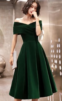 Image 1 of Green Velvet Tea Length Bridesmaid Dress, Off Shoulder Party Dress