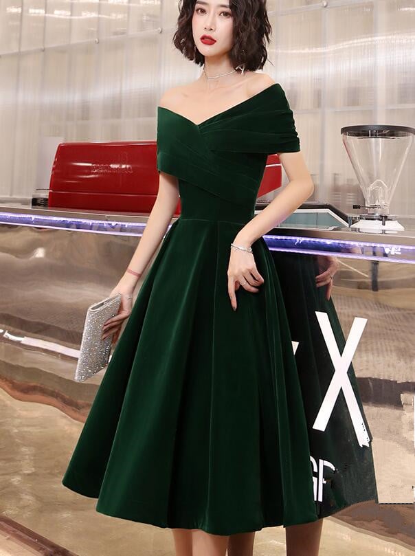 Green Velvet Tea Length Bridesmaid Dress, Off Shoulder Party Dress
