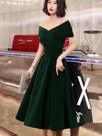 Image 2 of Green Velvet Tea Length Bridesmaid Dress, Off Shoulder Party Dress