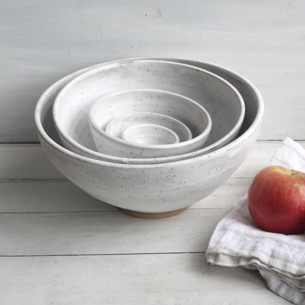 Image of Rustic Nesting Bowls in White Matte Glaze on Speckled Stoneware Five Piece Made in USA