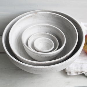 Image of Rustic Nesting Bowls in White Matte Glaze on Speckled Stoneware Five Piece Made in USA