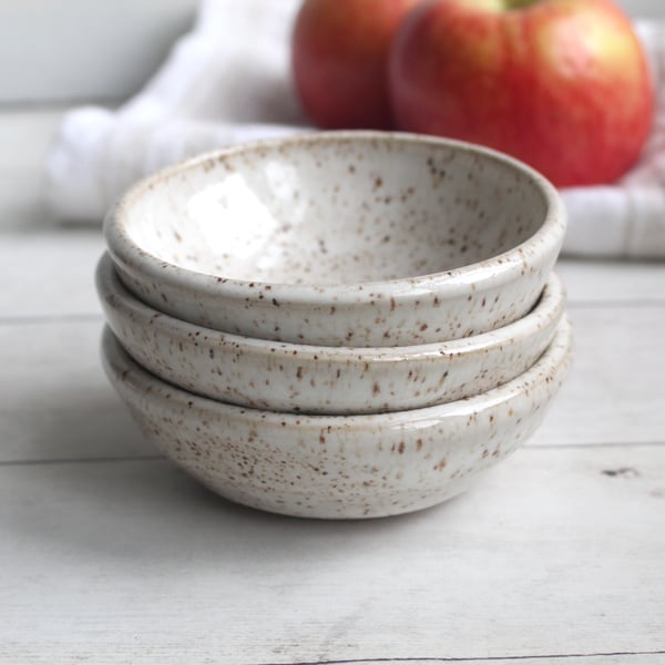 Image of Set of Three Rustic Prep Bowls in Heavily Speckled Brown Stoneware, Handmade Pottery Bowls USA