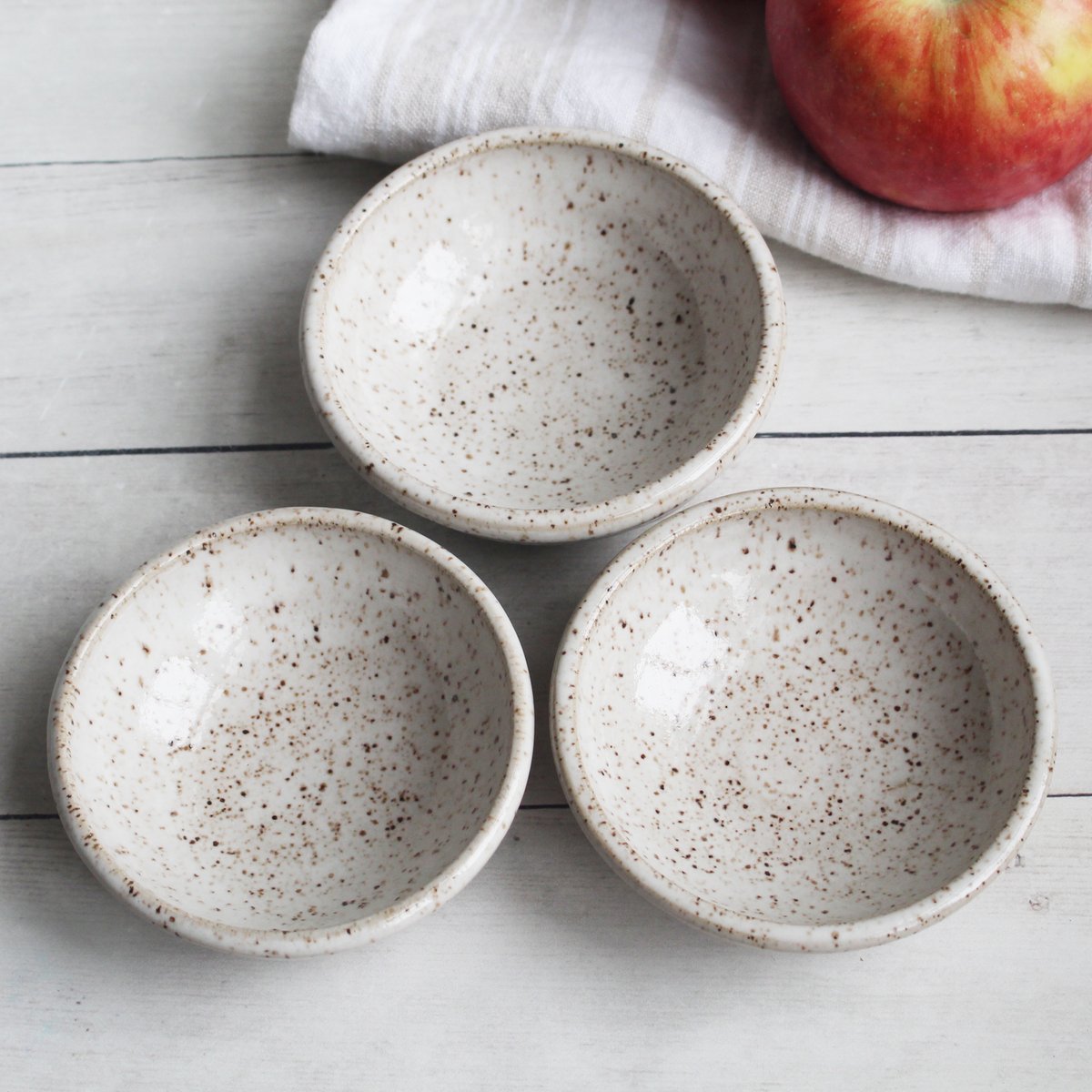 Andover Pottery — Three Small Rustic Prep Bowls in Speckled Stoneware and  White Blush Blue Glaze Made in USA