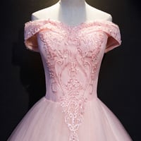 Image 3 of Pink Tulle with Lace Applique Off Shoulder Evening Gown, Pink Sweet 16 Dress