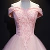Pink Tulle with Lace Applique Off Shoulder Evening Gown, Pink Sweet 16 Dress