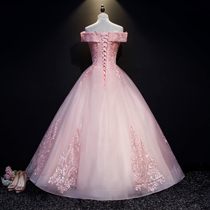 Pink Tulle with Lace Applique Off Shoulder Evening Gown, Pink Sweet 16 Dress