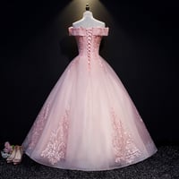 Image 2 of Pink Tulle with Lace Applique Off Shoulder Evening Gown, Pink Sweet 16 Dress