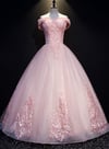 Pink Tulle with Lace Applique Off Shoulder Evening Gown, Pink Sweet 16 Dress