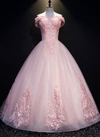 Image 1 of Pink Tulle with Lace Applique Off Shoulder Evening Gown, Pink Sweet 16 Dress
