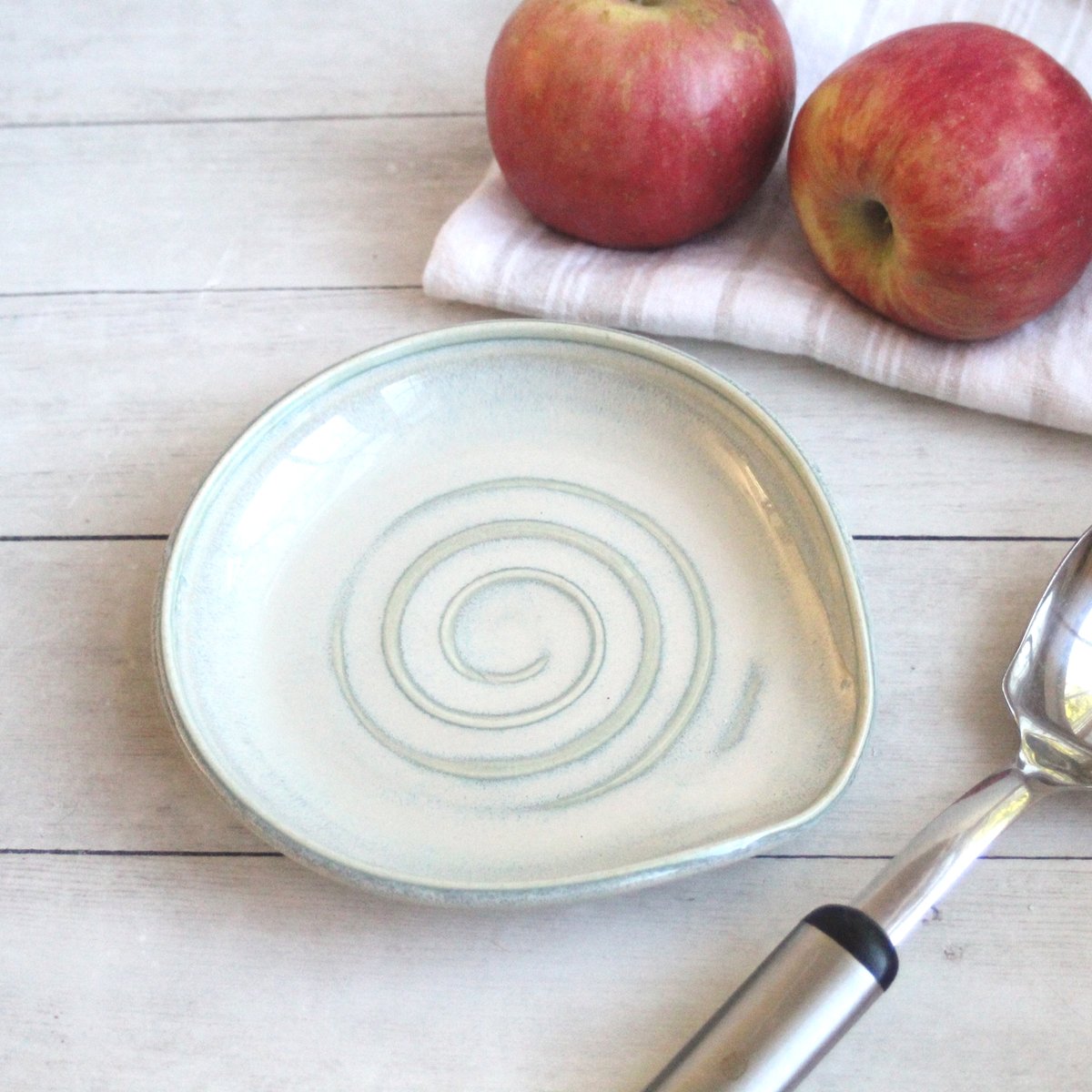 Andover Pottery — Large Spoon Rest in Light Sage Green Glaze, Handmade Utensil Dish, Made in USA