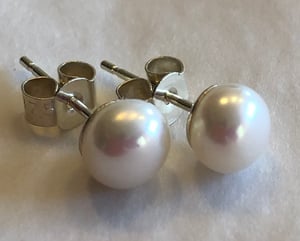 6mm White Pearl Earrings On White Gold Backs.