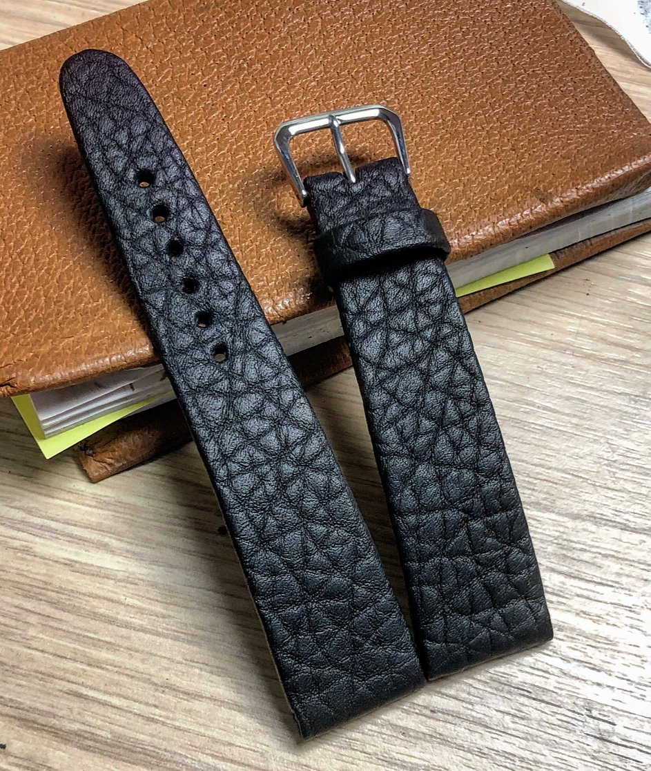 Image of Hand-rolled Black Shrunken Bison rembordé watch strap 