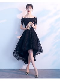 Image 1 of Black Lace High Low Party Dress, Lace Off Shoulder Homecoming Dress