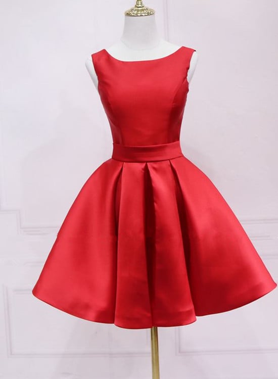Red Satin Knee Length Party Dress, Red Backless Short Homecoming Dress