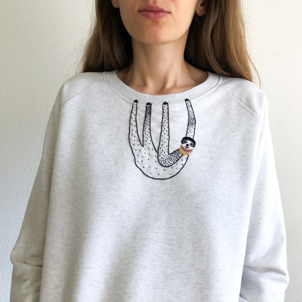 Image of Sloth sweatshIrt - hand embroidered original illustration on organic cotton,  in ALL sizes