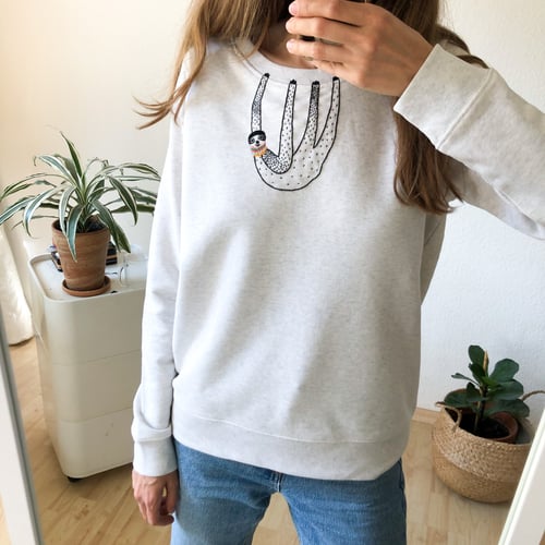 Image of Sloth sweatshIrt - hand embroidered original illustration on organic cotton,  in ALL sizes