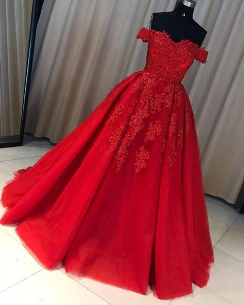 Gorgeous Red Off Shoulder Ball Gown Tulle Party Dress, Red Prom Dress 2021