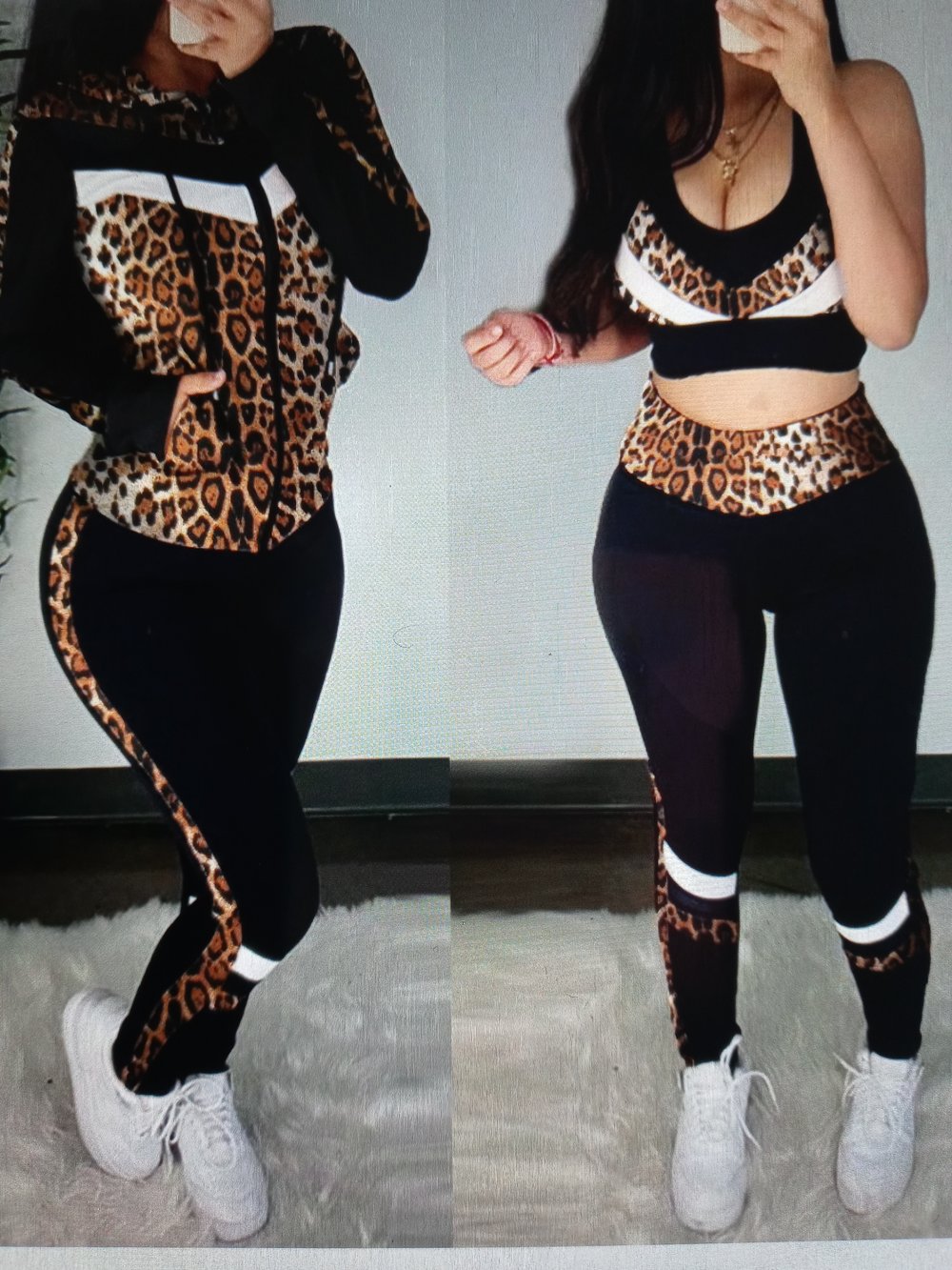 Image of Cheetah Print Crop Top& High Waist Pants wth Hooded Coat Set