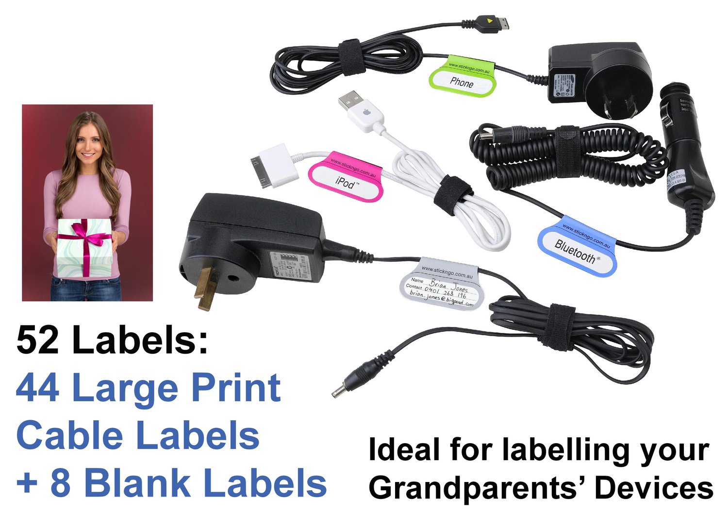 Image of 52 Printed + Blank Adhesive Large Print CABLE LABELS. SPECIAL - only $12.95 per Pack