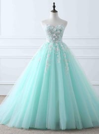 Image 1 of Mint Blue Tulle Ball Gown Party Dress with Lace, Beautiful Sweet 16 Gown